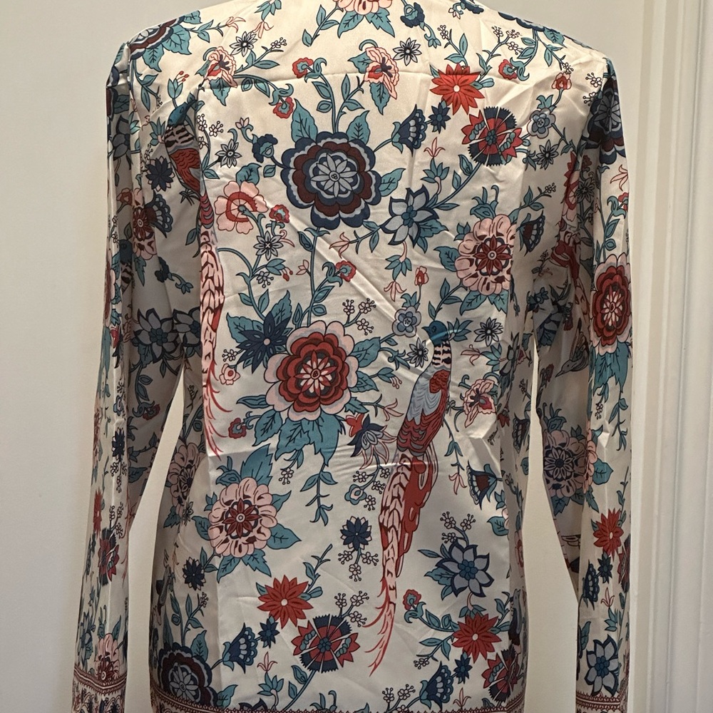 Western Boho Apricot Peacock Floral Print V Neck Blouse - Picture 3 of 5